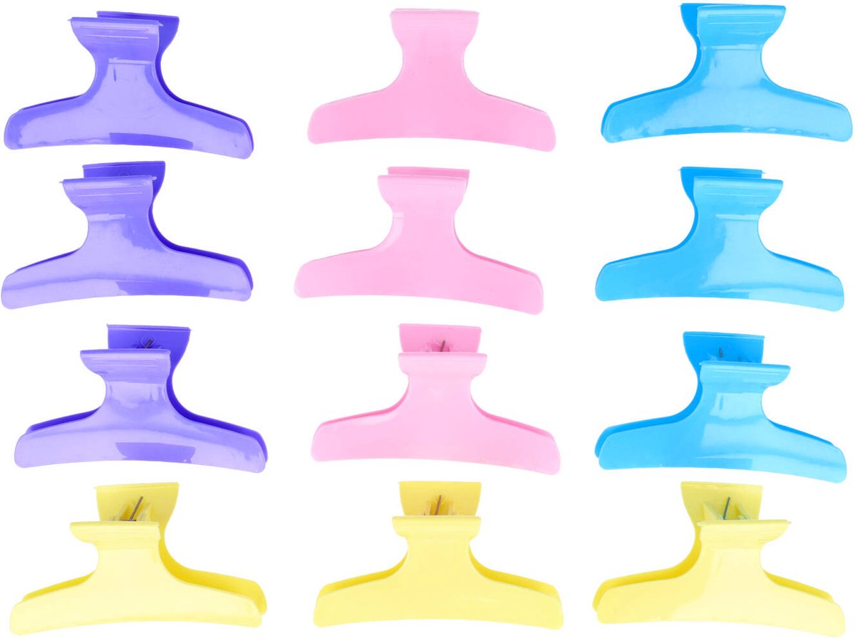 Haarsoires Styling Tool - Afdeelklemmen 9,5cm – Kunststof Kappersklemmen – Blauw Paars Geel – Set van 12
