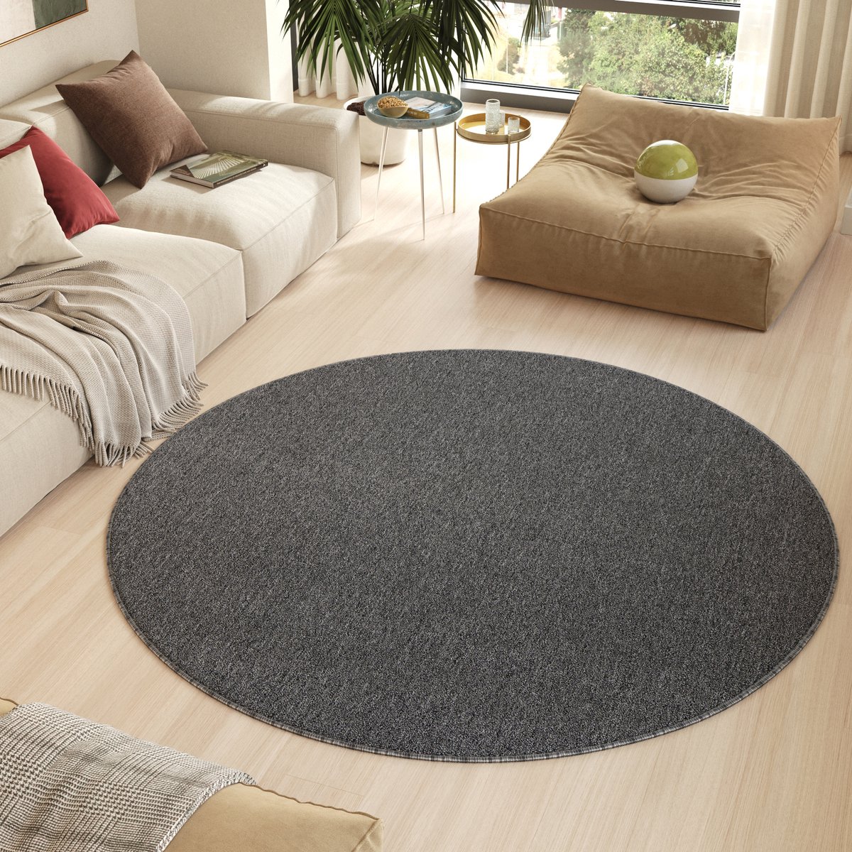 Tapiso Nizza Rond Vloerkleed Grijs Donker Antislip Waasbaar Laagpolig Tapijt Maat- 80x80