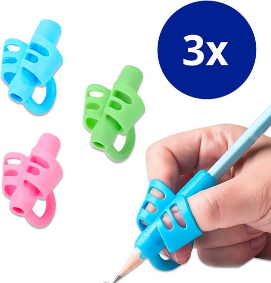 Foto: Qbix driepunts potloodgrip met steunring schrijfhulpstuk voor kinderen 3 stuks 3 kleuren