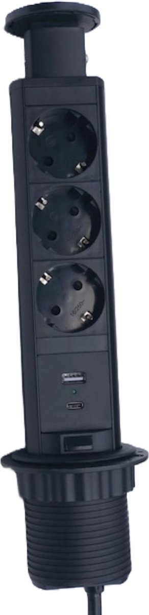 Design Light Liftbox - Stekkerdoos - Verdeelstekker met 3 Stopcontacten - Verdeeldoos met USB A & C - Inbouw Stekkerblok met 1.8 meter kabel - Zwart