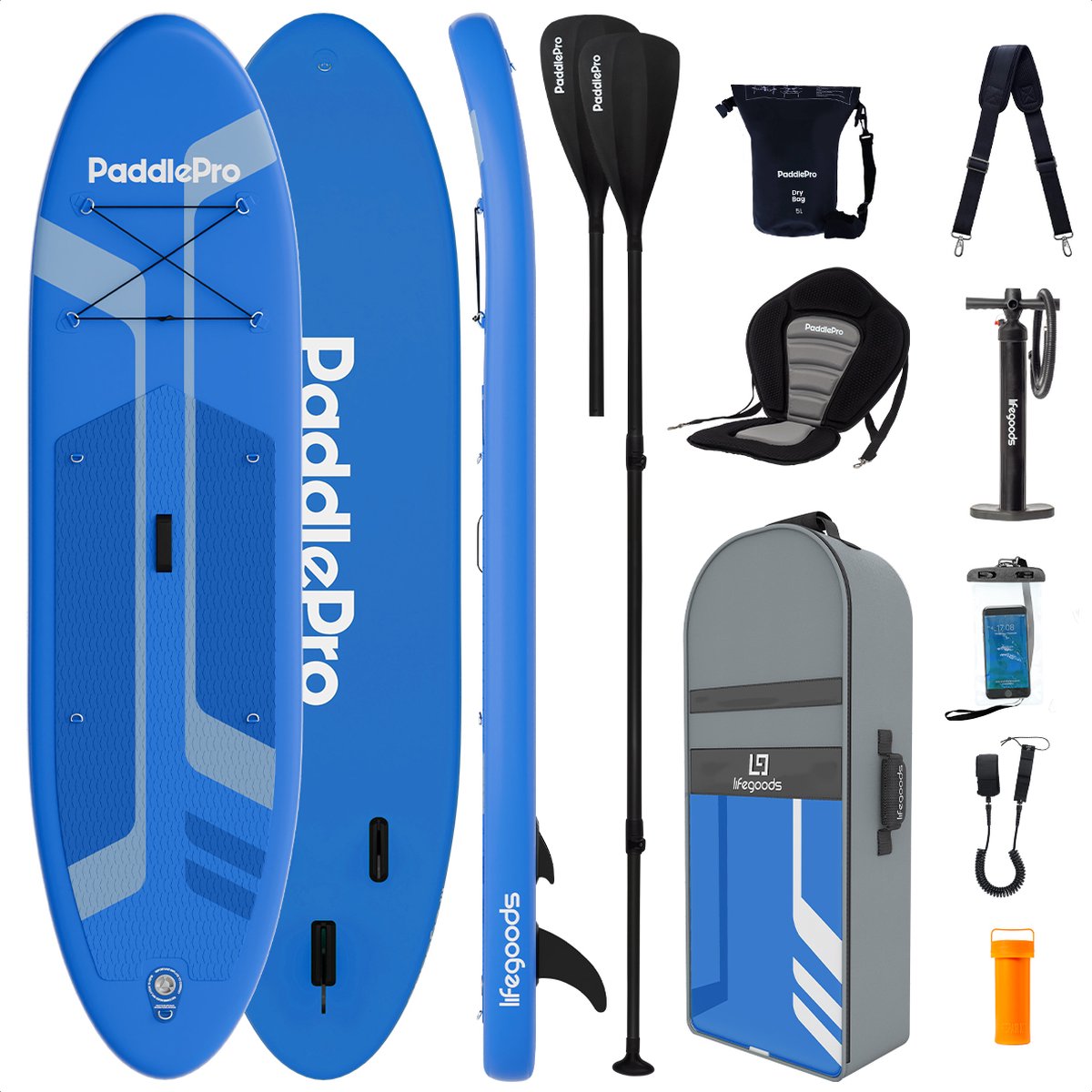LifeGoods PaddlePro SUP Board - Luxe Set - met Zitje - Opblaasbaar Paddle Board - Max. 150KG - 320x81cm - Blauw