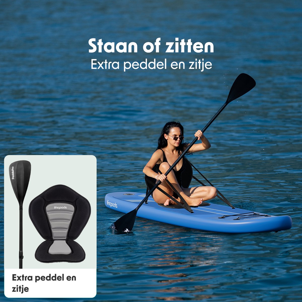 LifeGoods PaddlePro SUP Board - Luxe Set - met Zitje - Opblaasbaar Paddle Board - Max. 150KG - 320x81cm - Blauw – foto 5