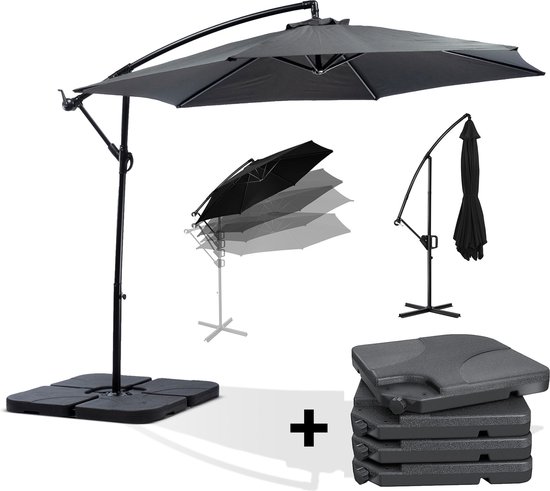 MaxxGarden Deluxe - Duurzame zweefparasol - Ø300 cm - Inclusief vulbare tegels & hoes - 3 meter doorsnede - Antraciet