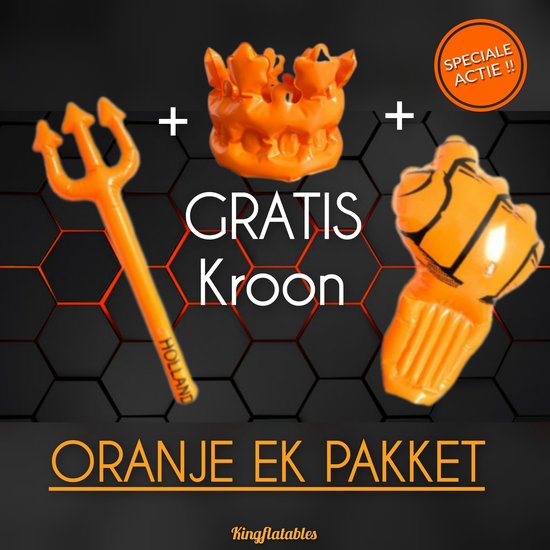 Oranje opblaasbare EK-pakket met drietand, kroon en hand.