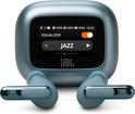 Blauwe JBL Live Beam 3 charging case met display, toont 'JAZZ equalizer'.