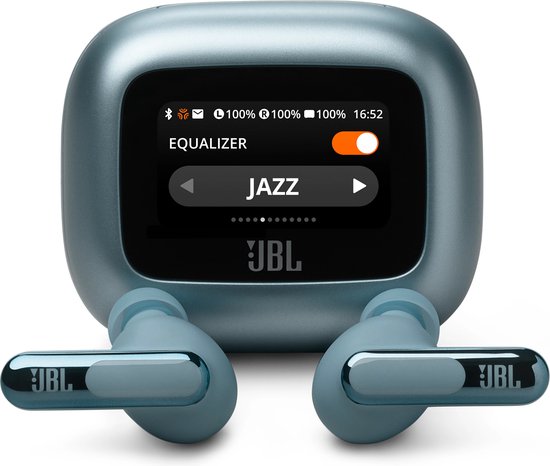 Blauwe JBL Live Beam 3 charging case met display, toont 'JAZZ equalizer'.
