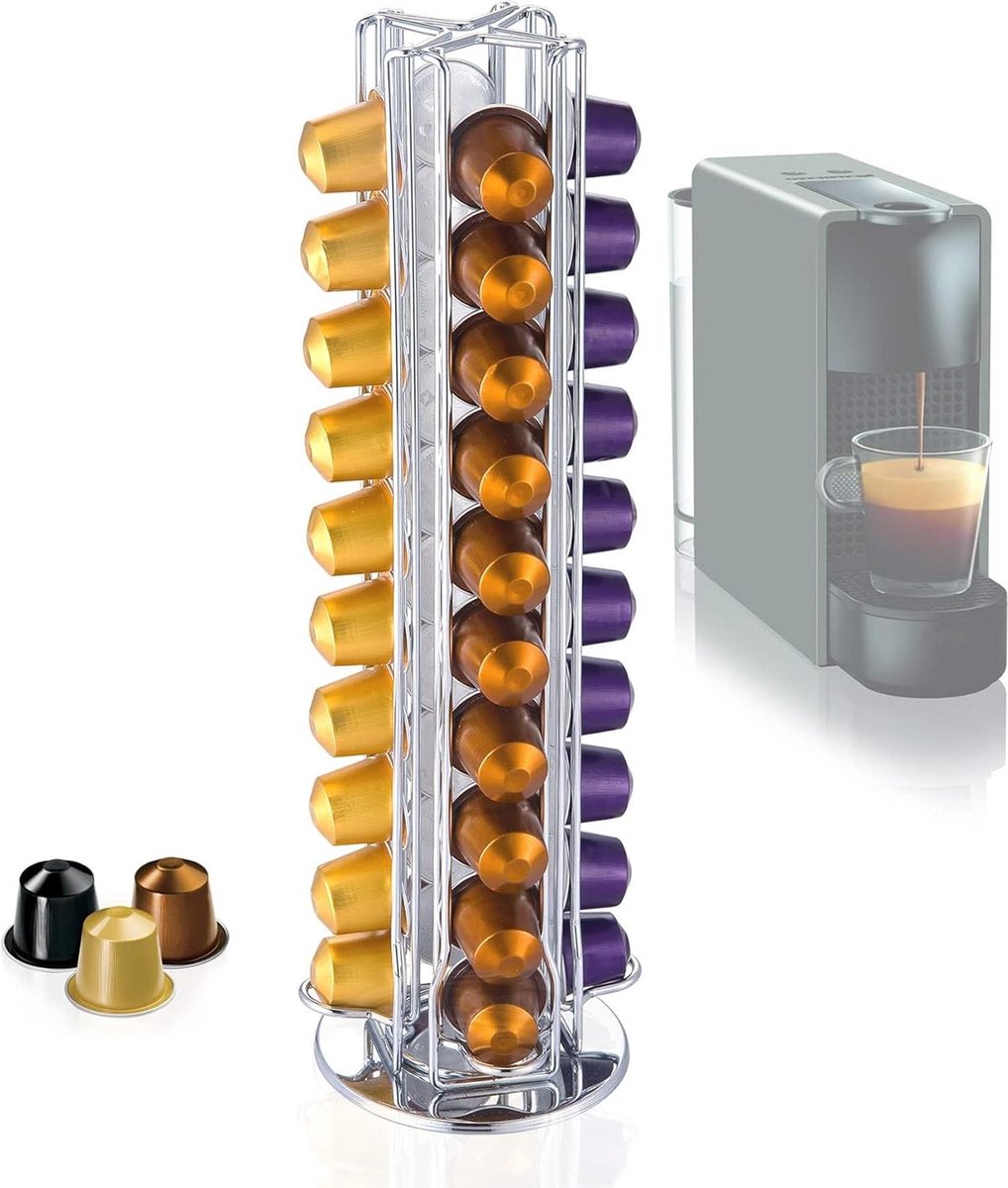 Roterende capsulehouder voor 40 Nespresso-capsules draaibare koffiecapsulestandaard OriginalLine koffiepads zilver chroom duurzaam opbergsysteem voor koffiecapsules Coffee Capsule Holder