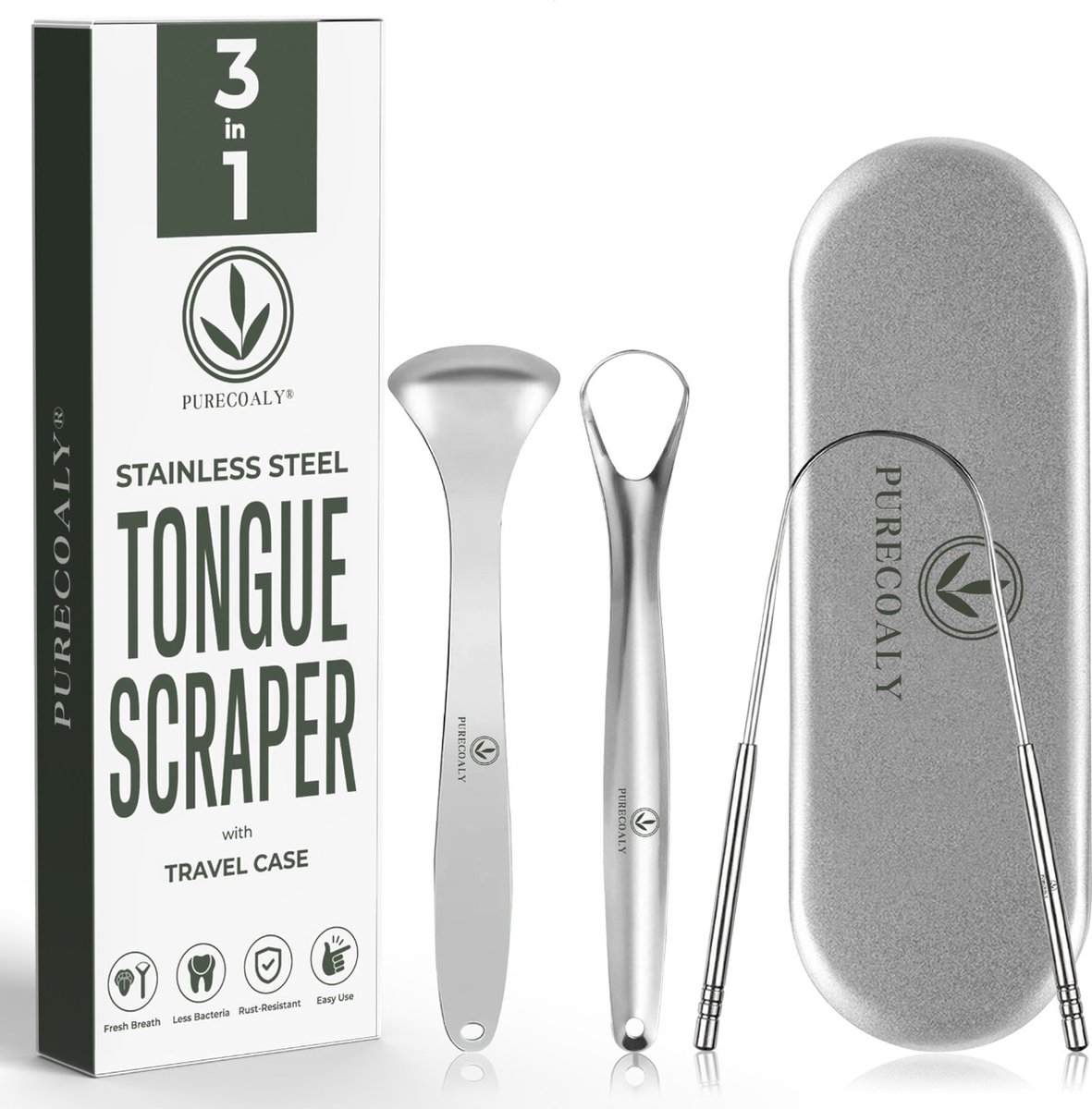 Goedkoopste PURECOALY™ Tongschrapers | 3 in 1 Set Professionele Tongschraper – Tong schraper - Mondhygiëne - Tong reiniger voor mondverzorging - Tongreiniger - Tongue Scraper - RVS