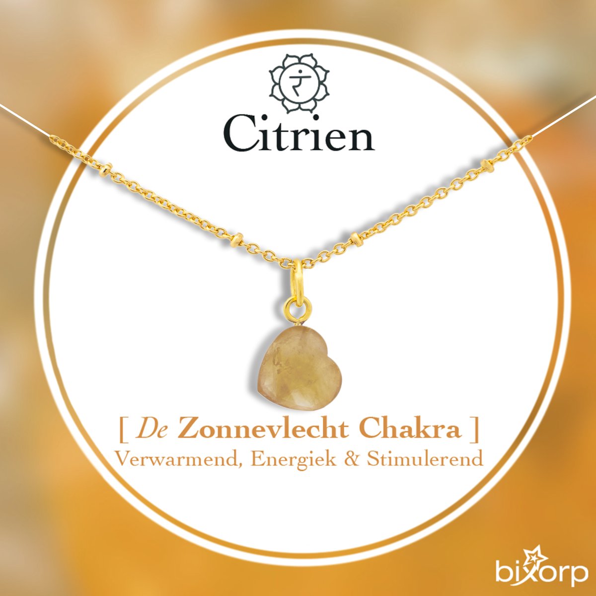 Bixorp Citrien Hartje Ketting - Edelsteen Zonnevlecht Chakra Hanger - Roestvrij Staal met Verguld Goud - 36+8cm