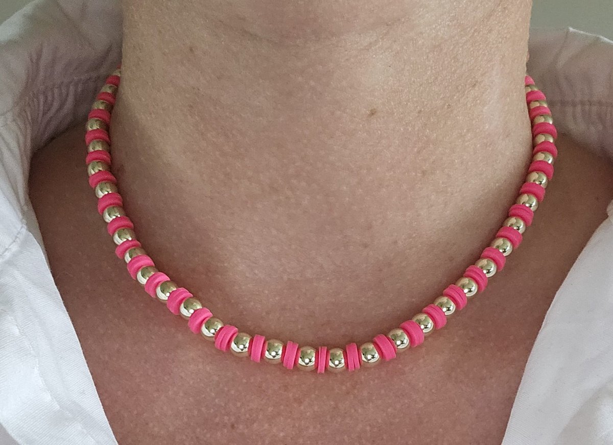 Belike Ketting Rainbow Neon Roze Sparkling 14 kt Gold Coloured 6MM Kraaltjes