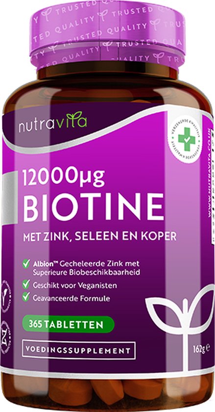 Foto: Nutravita biotine haargroei supplement 12000mcg met zink selenium en koper hoge dosering vegan biotine tabletten ondersteunt de haar huid en nagelgroei jaarvoorraad 365