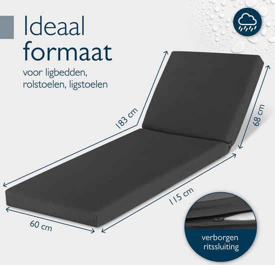 Afmetingen van het ligbedkussen: 183x60x68 cm, antraciet, met verborgen ritssluiting.