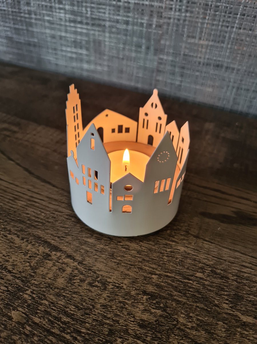Theelichthouder huis van metaal, wit hout (B/H/D) 7x7x7cm