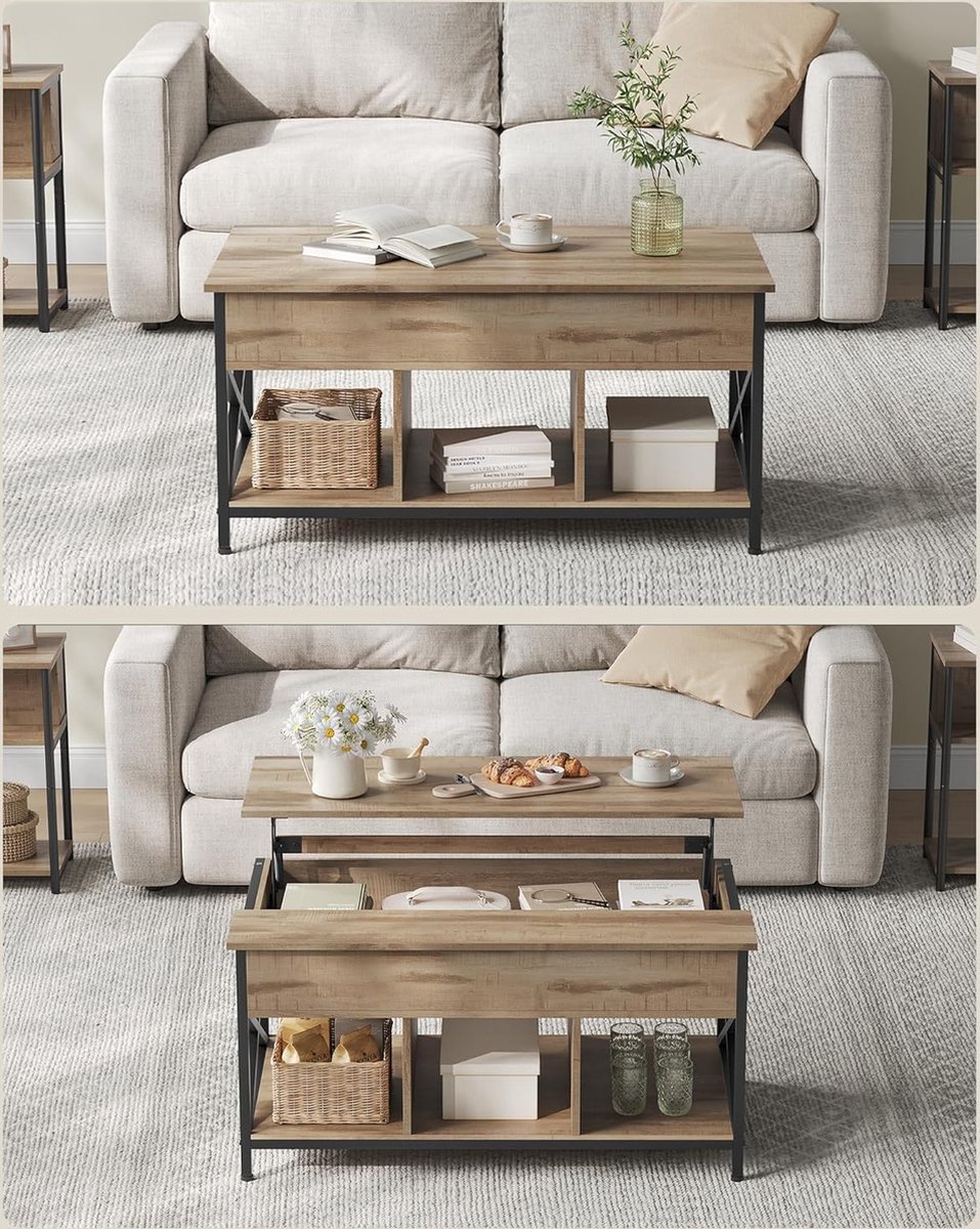 Hoppa! Salontafel, heftafel salontafel voor woonkamer, salontafel met open en verborgen opbergruimte, X-vormige staven, 60 x 100 x (48-62) cm, LCT205K50