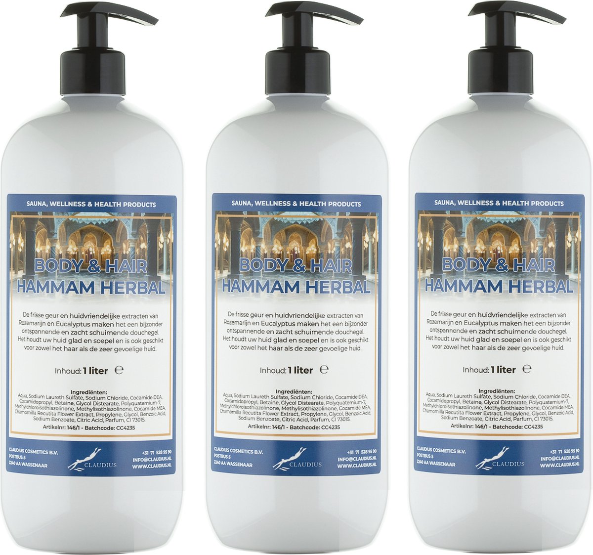 Goedkoopste Body & Hair Hammam Herbal 1 liter - set van 3 stuks - met gratis pomp - 2 in 1 voor lichaam en haar.