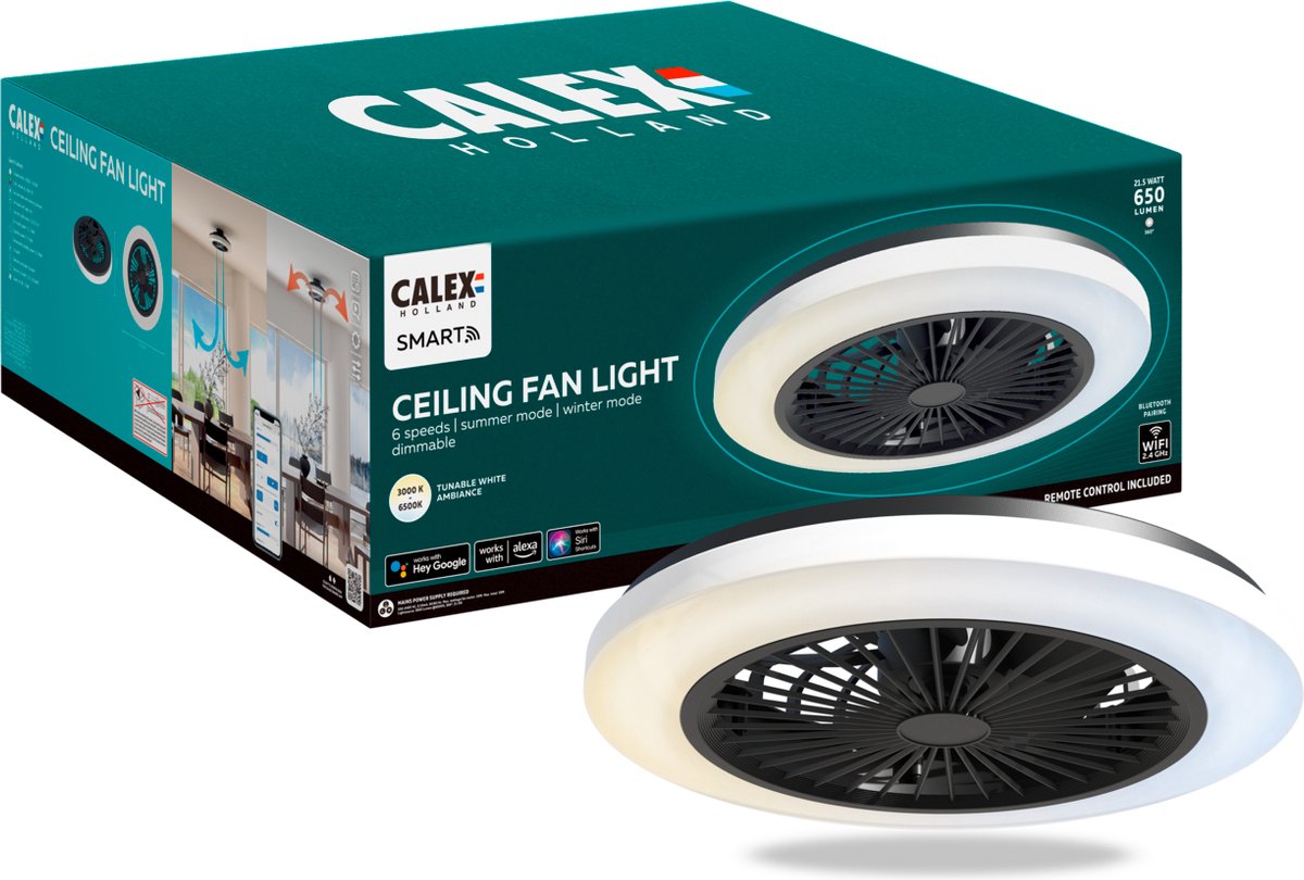 Bol.com Calex Slimme Plafondventilator met verlichting - App bedienbaar - Afstandsbediening - Zomer en Winterfunctie - 50cm - St... aanbieding