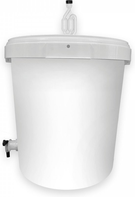 Wit gistingsvat van 30 liter met deksel, waterslot en kraan.