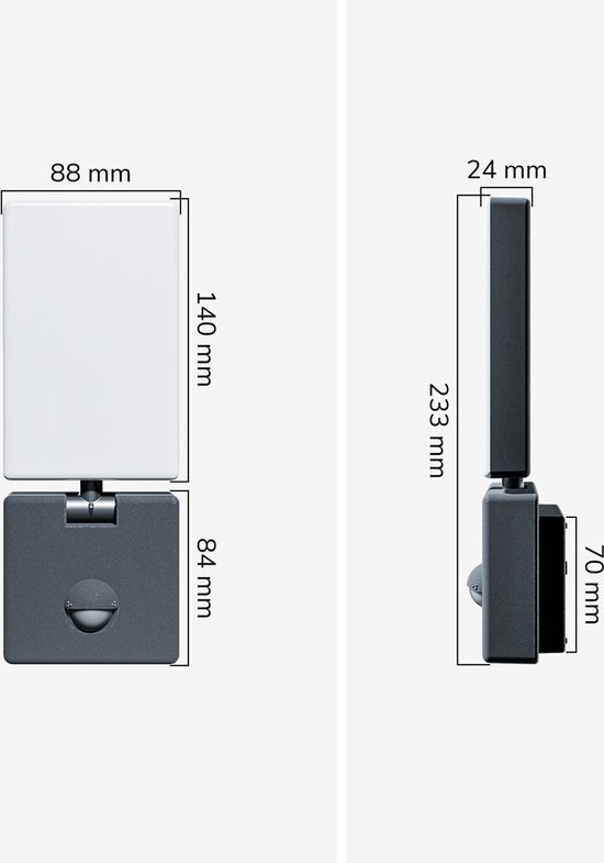 Technische tekening van wandlamp, voor- en zijaanzicht met afmetingen: 88x140mm en 24x233mm.