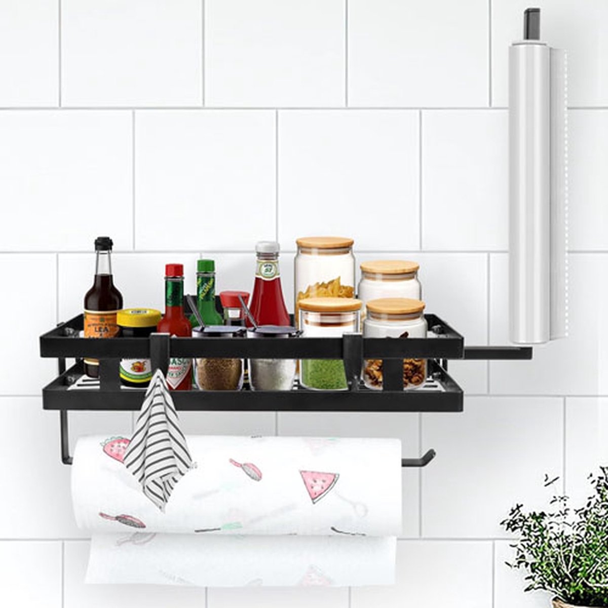CLORD Papieren handdoekhouder voor wandmontage in de keuken zonder boren met een legplank voor papierhanddoekrollen verkrijgbaar met zowel lijm als schroeven geschikt voor badkamer en keuken