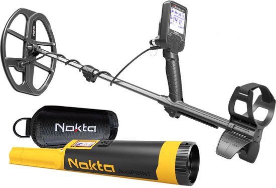 Nokta metaaldetector met spoel, tas en gele pinpointer.