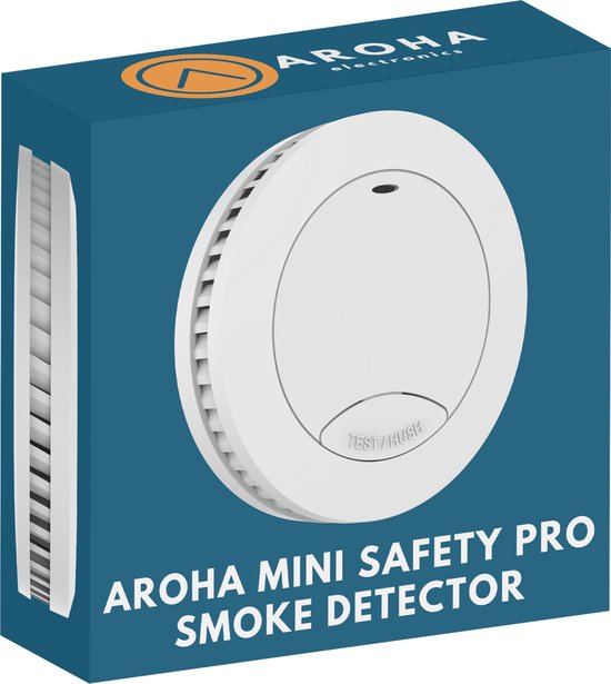 Doos van Aroha Mini Safety Pro Smoke Detector met witte rookmelder erop. Tekst: AROHA MINI SAFETY PRO SMOKE DETECTOR.
