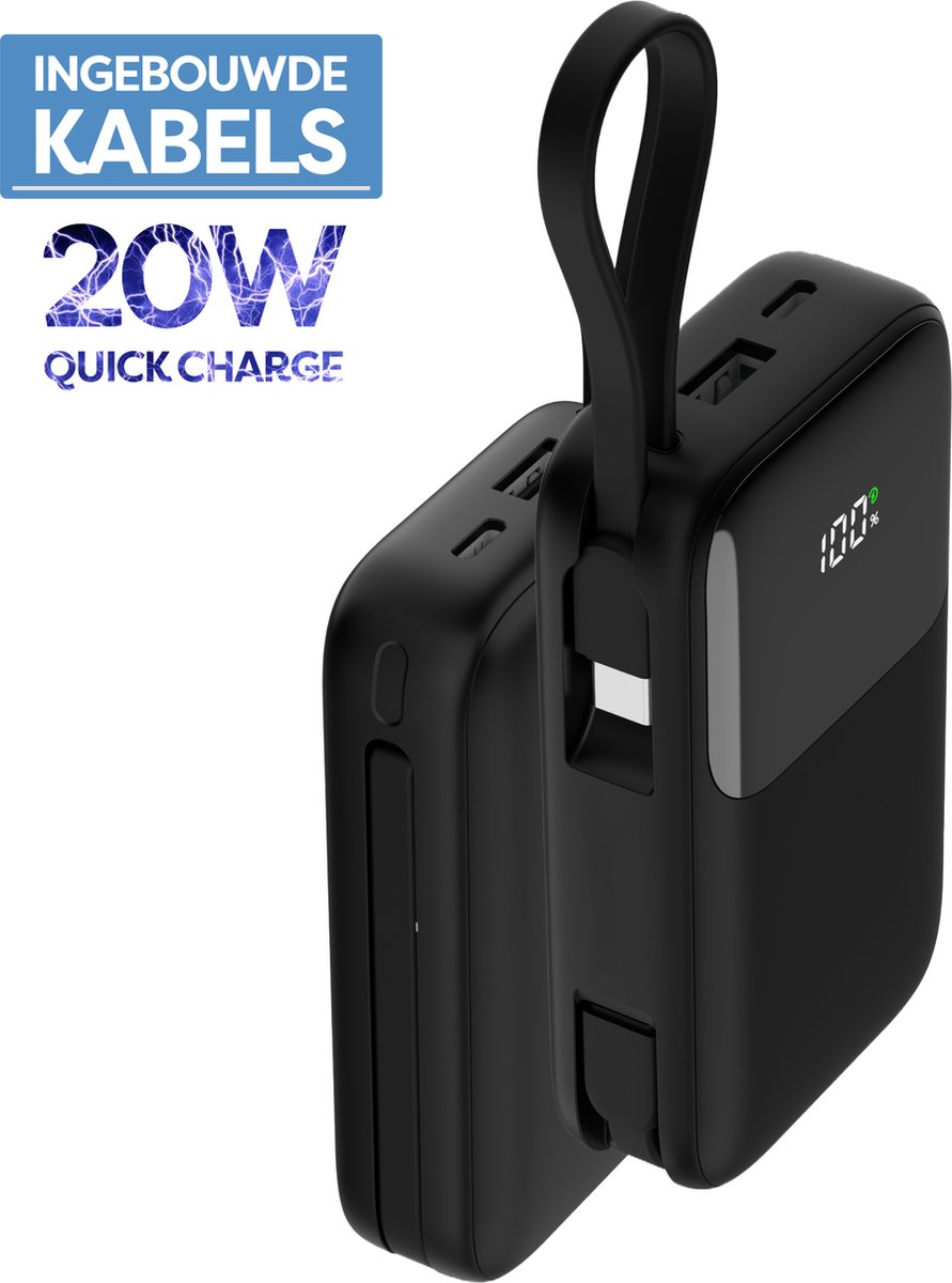Compacte Powerbank 20000 mah Quick Charge - 22.5W - Geschikt voor iPhone 12/13/14/15 en Samsung S21/S22/S23/S24 Powerbank - Snelladen via Kabels USB-C en USB-A Poorten - Zwart