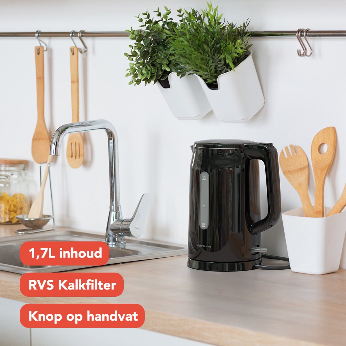 KitchenBrothers Waterkoker - Elektrisch - 1,7 Liter - PFAS- & BPA-vrij - Met Kalkfilter - Dubbelwandig - Cool-touch - Zwart – foto 3