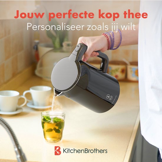 Bouilloire KitchenBrothers - Avec contrôle de température - Électrique - Filtre anticalcaire - Fonction maintien au chaud - Écran - Double paroi - Cool-touch - 1,7L - 2200W - Zwart