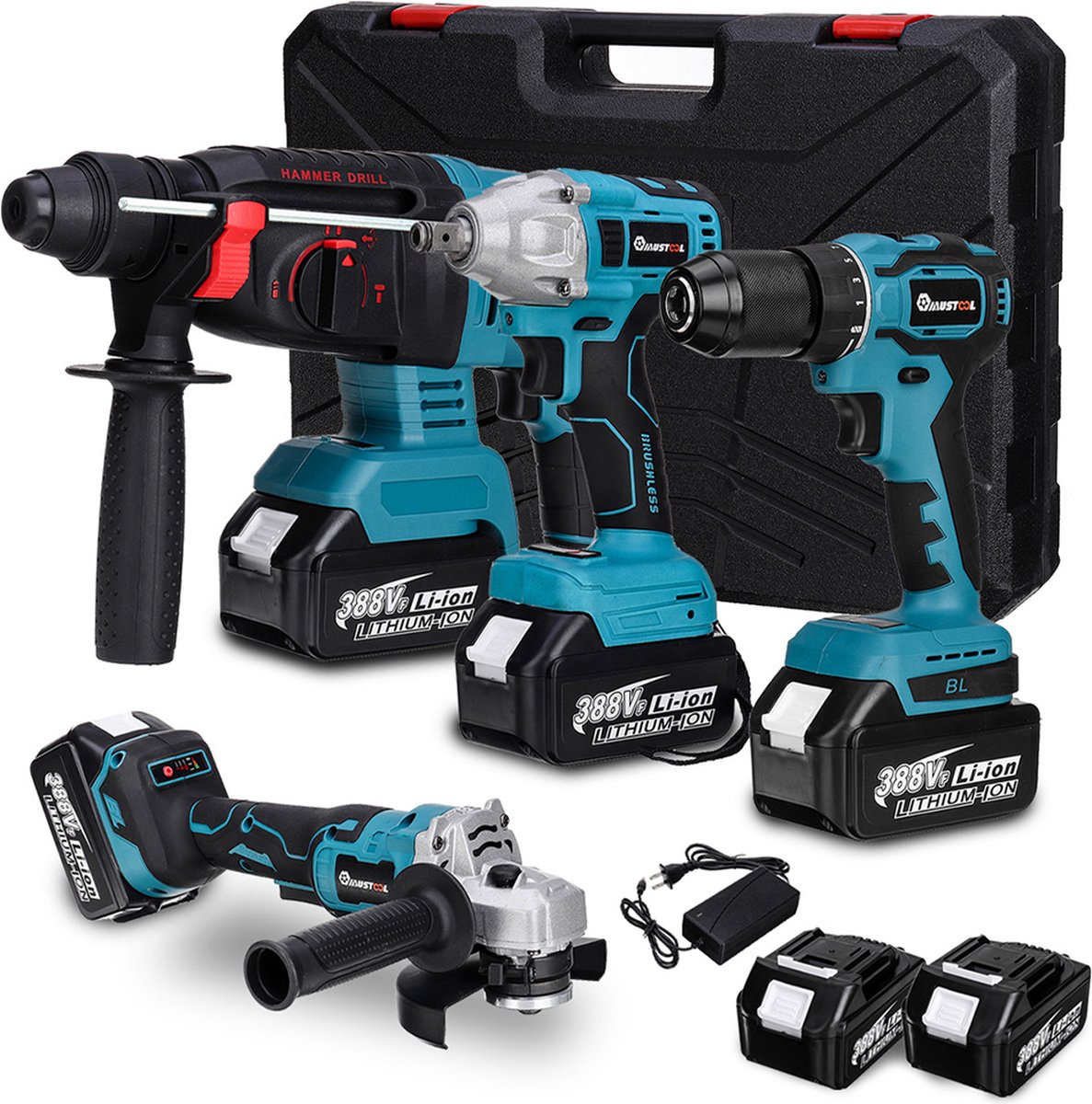 4 IN 1 Multi Elektrisch Gereedschapsset Borstelloze 125mm Haakse Slijper + Boormachine + Hamer, inclusief 2 accu's