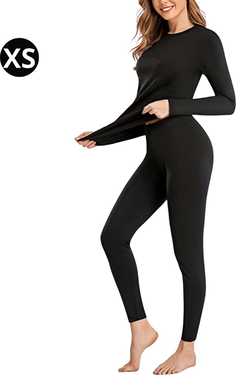 Nivard Thermokleding – Thermoshirt – Thermobroek – Thermo – Beenverwarmers – Voor Dames – Fleece – Set – Broek + Shirt – Zwart – Maat XS