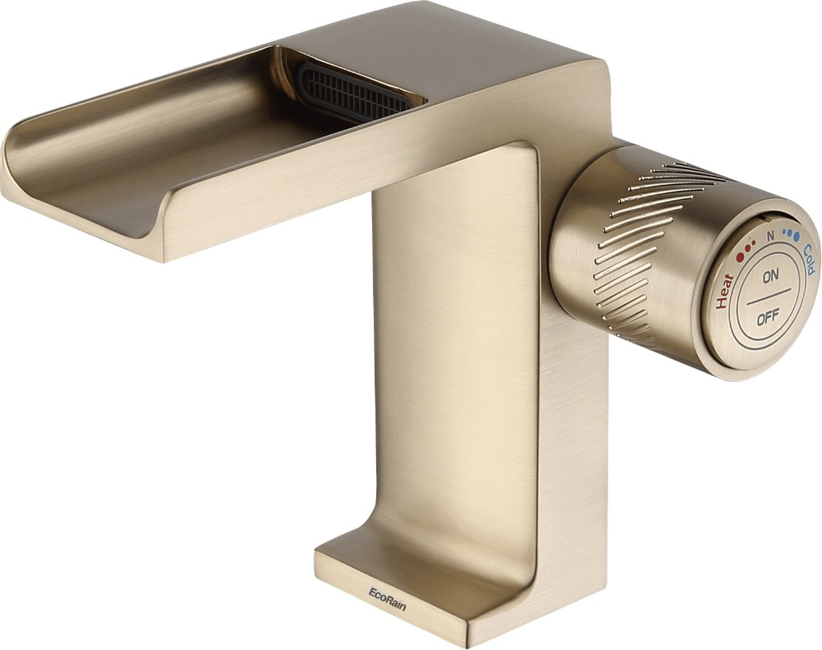 EcoRain© 30% Waterbesparende Wastafelkraan met Waterval George - van Messing en Keramische schijven - Universele Aansluiting - Anti-Kras Coating - 5 Jaar Garantie - Geborsteld Goud