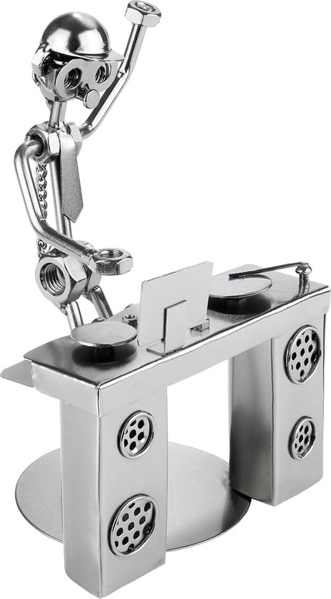 BRUBAKER Schroevenbeeldje DJ aan het Mengpaneel - Zilveren IJzeren Figuurtje Metalen Mens aan het DJ Desk - Handgemaakt Metalen Figuurtje Feestclubgeschenk voor DJ's Beatproducenten en Muzikanten