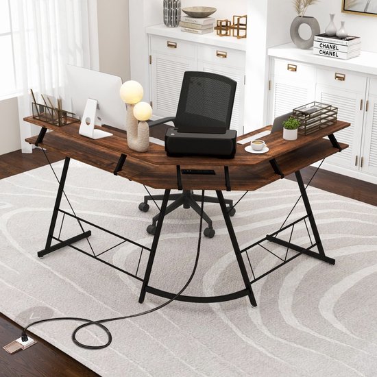COSTWAY Bureau d'Angle - 147 x 112 x 79 CM - Ajustable à 2 Bureaux Droit Grand Table pour 2 Personnes Noir - Maison