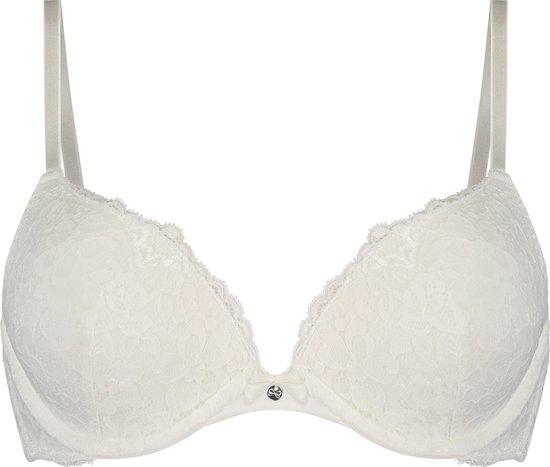 Soutien-gorge push-up blanc en dentelle avec armature et bonnets préformés. Les bords sont ornés de dentelle fantaisie.
