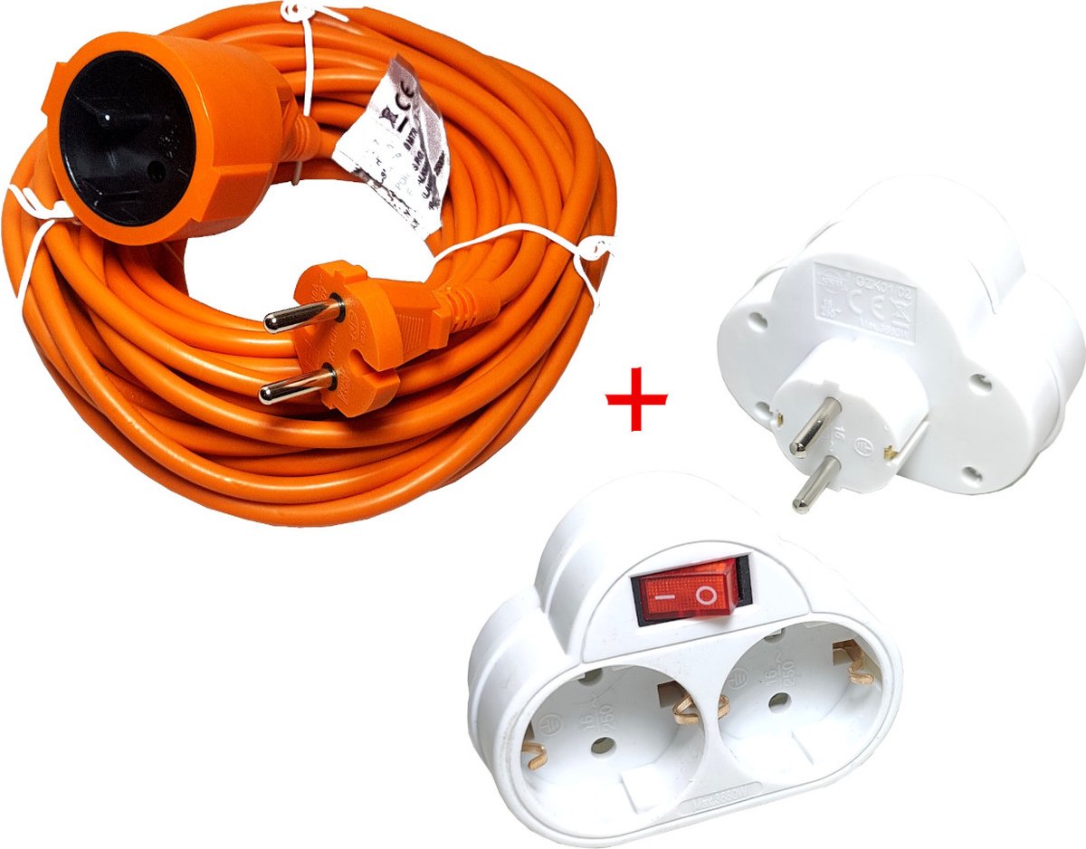 Oranje tuin Verlengsnoer 20 Meter buiten Verlengkabel 2500w 250v + Duo stopcontact met schakelaar