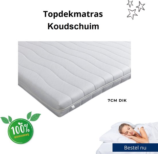 Witte topdekmatras van koudschuim met golvend patroon. 7cm dik. '100% Allergievrij' logo.
