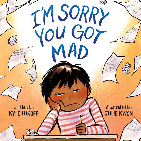 Boekomslag van 'I'm Sorry You Got Mad' met een jongen in gestreepte trui, omringd door briefjes.