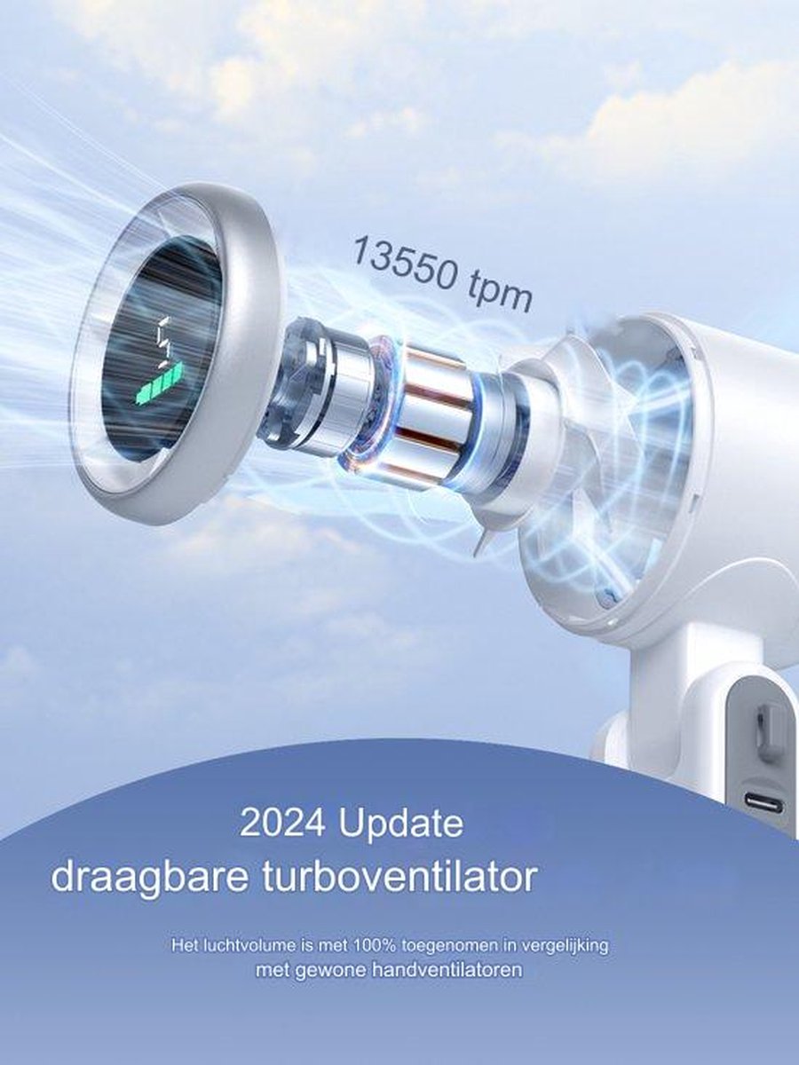 Diveblues Draagbare handheld turboventilator, 5 versnellingen wind, werkt op batterijen, tot 12 werkuren, 3-in-1 handventilator met Air Turbo Tech- koelventilator, outdoor-activiteiten, reizen, werken