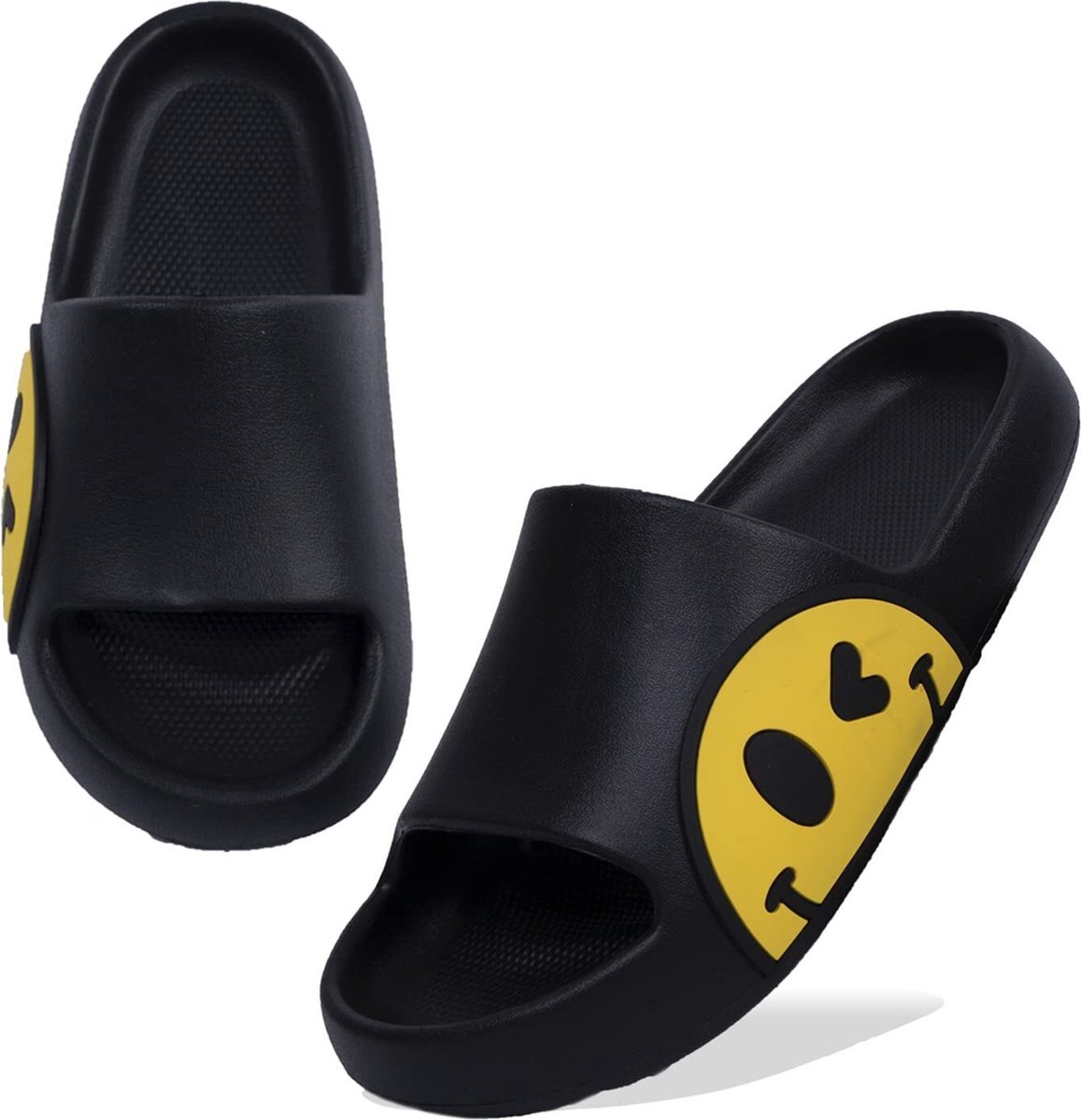 JAXY Smiley Slippers - Slippers Dames en Heren - Badslippers Dames en Heren - Badslippers Kinderen - Slippers Jongens en Meisjes - Slippers Kinderen - Zwart