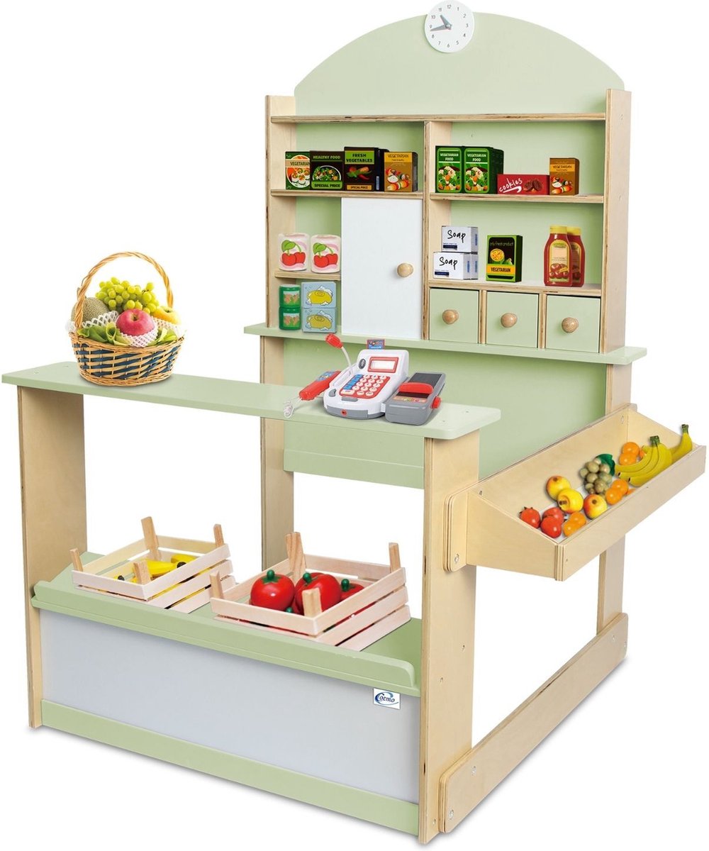 Coemo Kinderwinkel Lilly houten kraam met 3 laden kast klok toonbank (mintgroen)