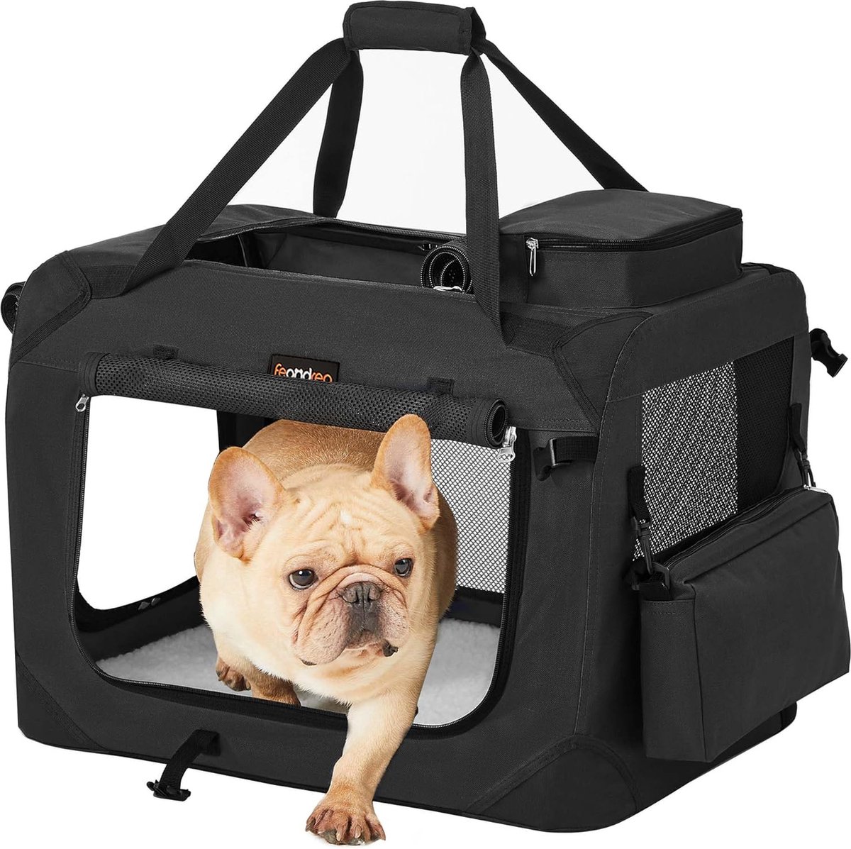 bench hond Opvouwbare hondenbench, hondentransportbox, M, hondentas, Oxford-stof, gaas, ademend, draagbaar, metalen frame, met handvatten, zakken, 60 x 42 x 42 cm, zwart PDC60H