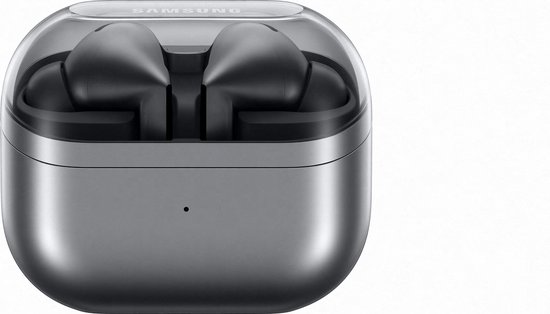 Grijze Samsung Galaxy Buds3 Pro in gesloten oplaadcase met transparant deksel.