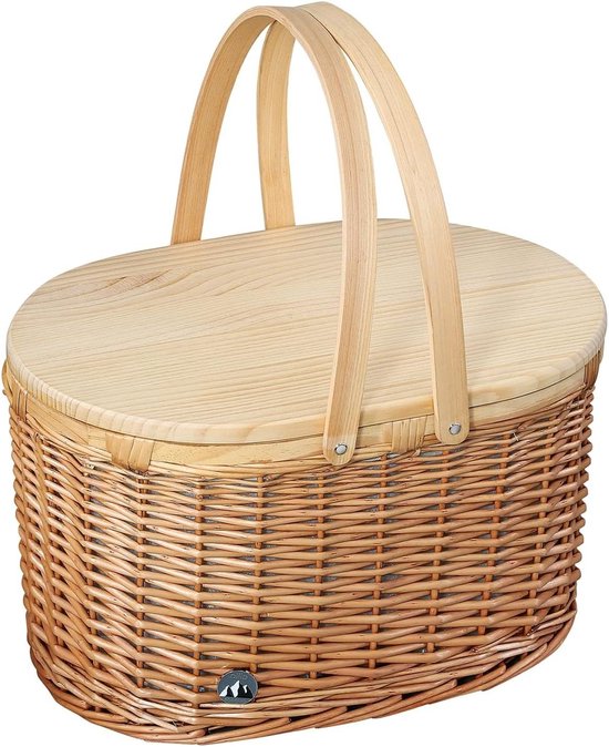 Panier pique-nique Ancona pour 4 personnes - panier tressé avec couvercle en bois de pin - compartiment réfrigérant - set d'assiettes - couverts - verres - panier en osier - marron clair