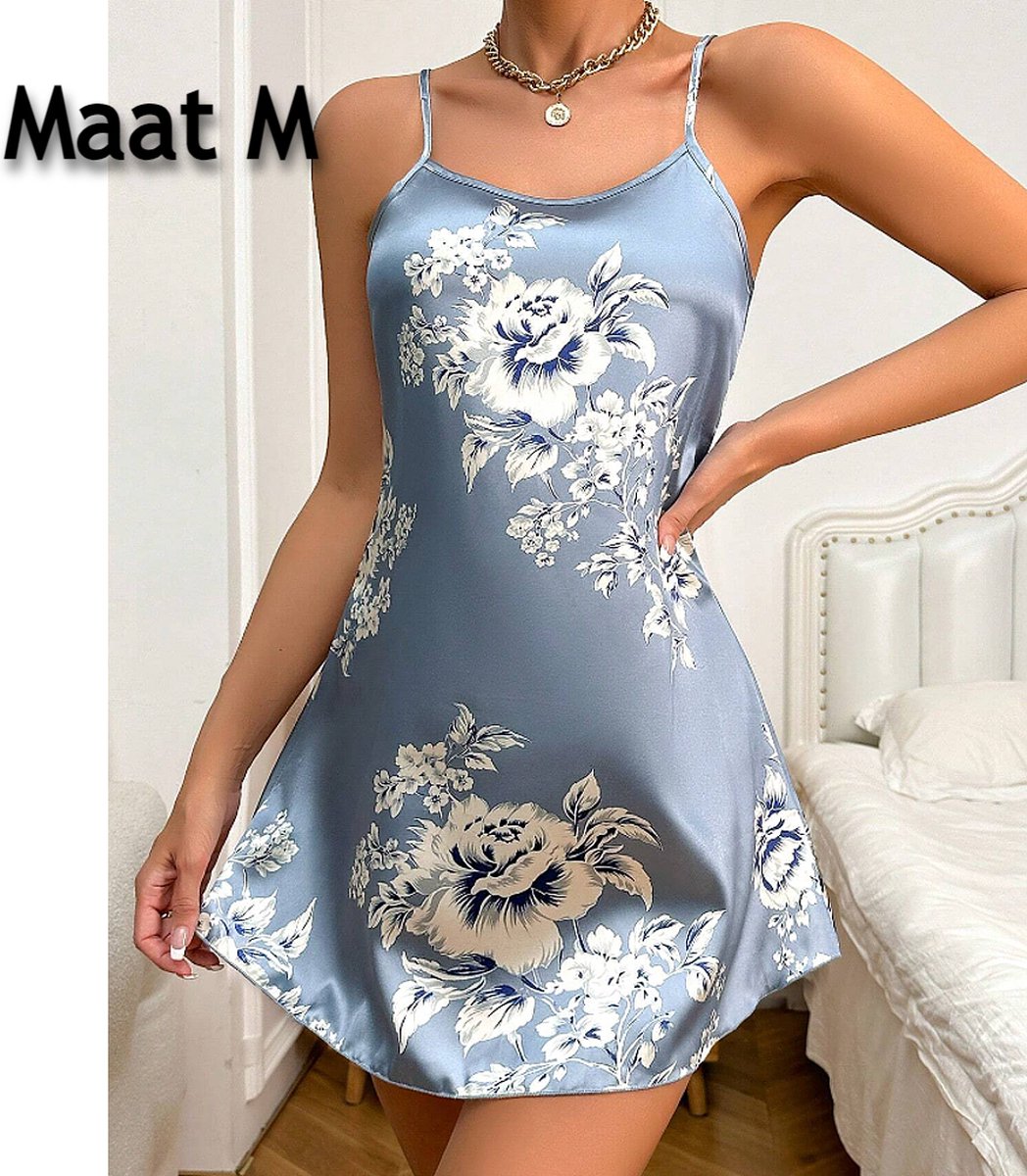 LaGloss® Satijnen Nachtjurk Blauw met Bloemenprint - Spaghetti Bandjes - Mini Lengte - Elegante Onderjurk voor Dames - Maat M **