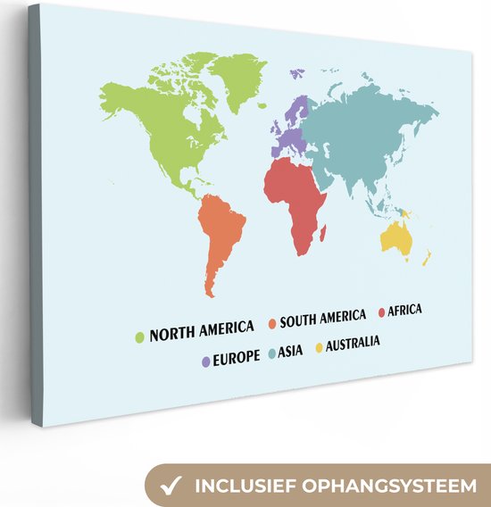Wereldkaart avec différentes couleurs sur fond bleu clair Toile 180x120 cm - Tirage photo sur Toile (Décoration murale salon / chambre) XXL / Groot format!