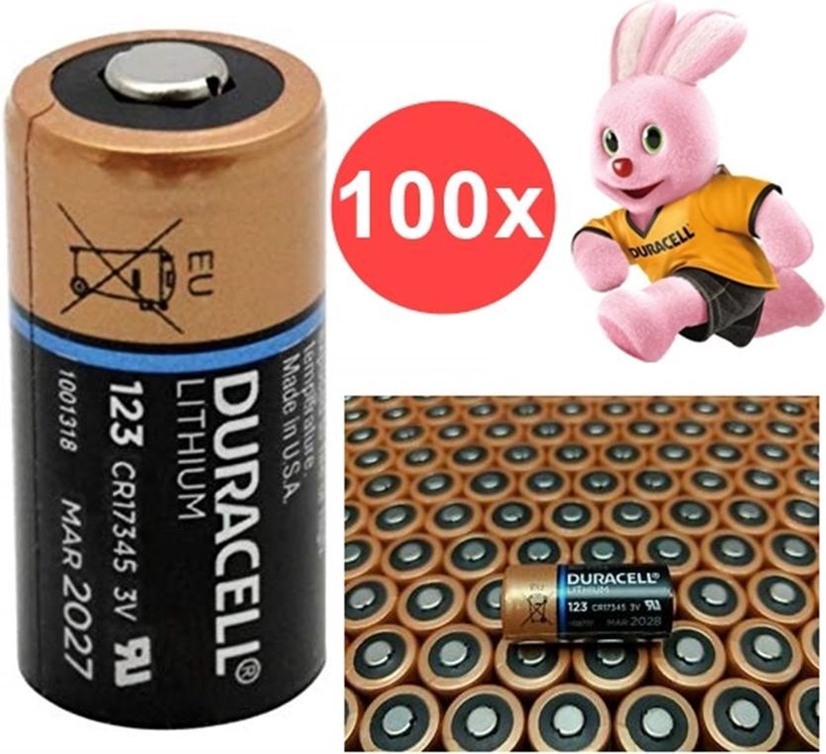 100 pièces - Pile au lithium Duracell CR123A CR123 3V