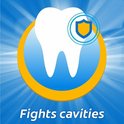 Logo met een tand, schild en cirkels, "Fights cavities".
