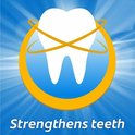 Logo met een tand en cirkels, "Strengthens teeth".