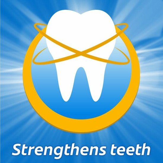 Logo met een tand en cirkels, "Strengthens teeth".