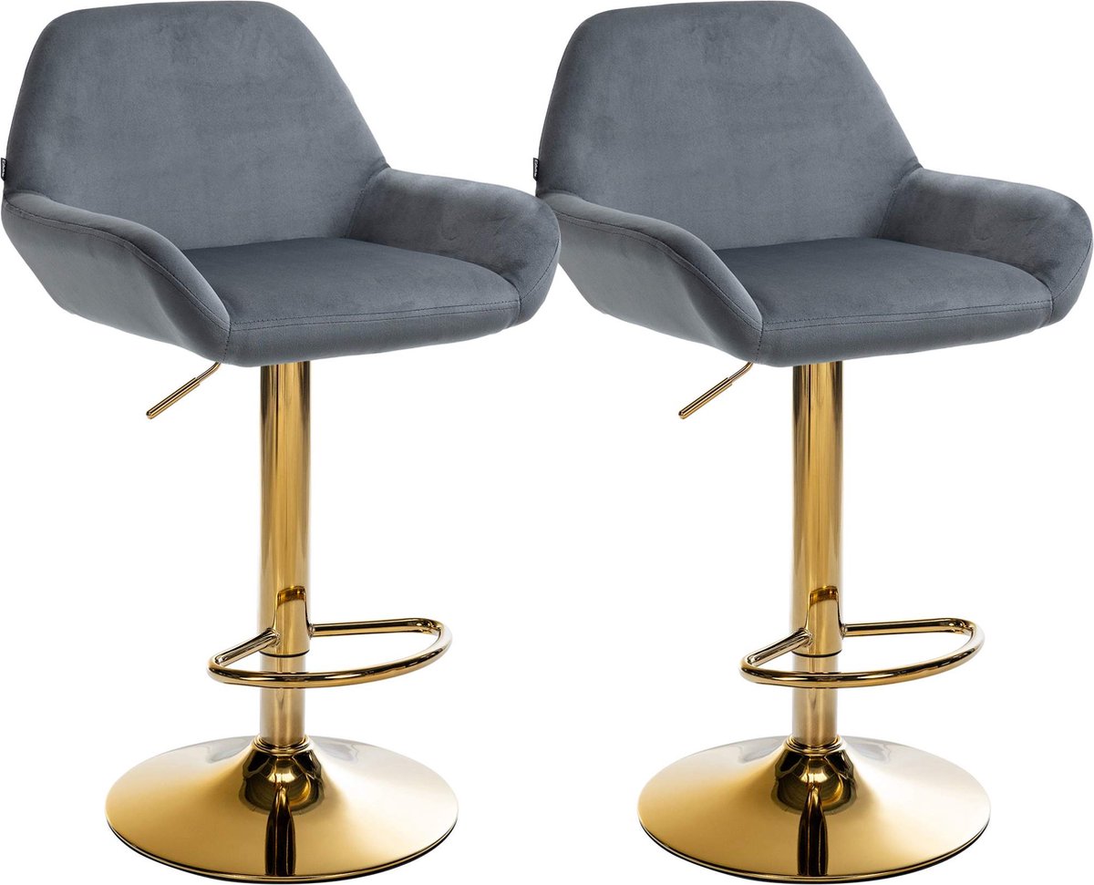 CLP Braga Set van 2 barkrukken - Met rugleuning - Met gouden frame - Verstelbaar - Fluweel - Velvet - donkergrijs